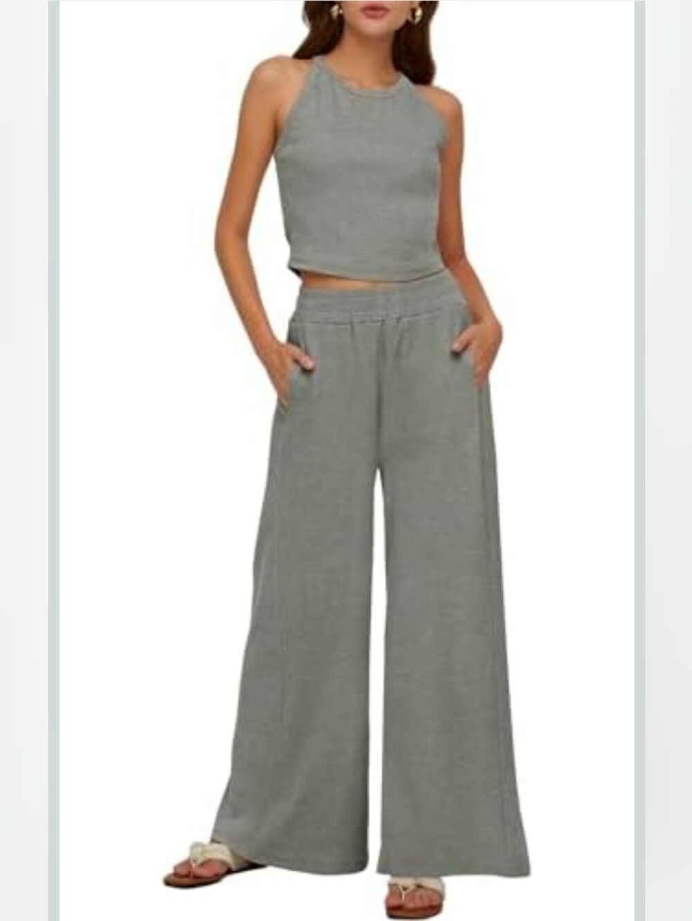 Deep Self 2-Piece Sleeveless Crop Fit Outfit Grey-Green (M)